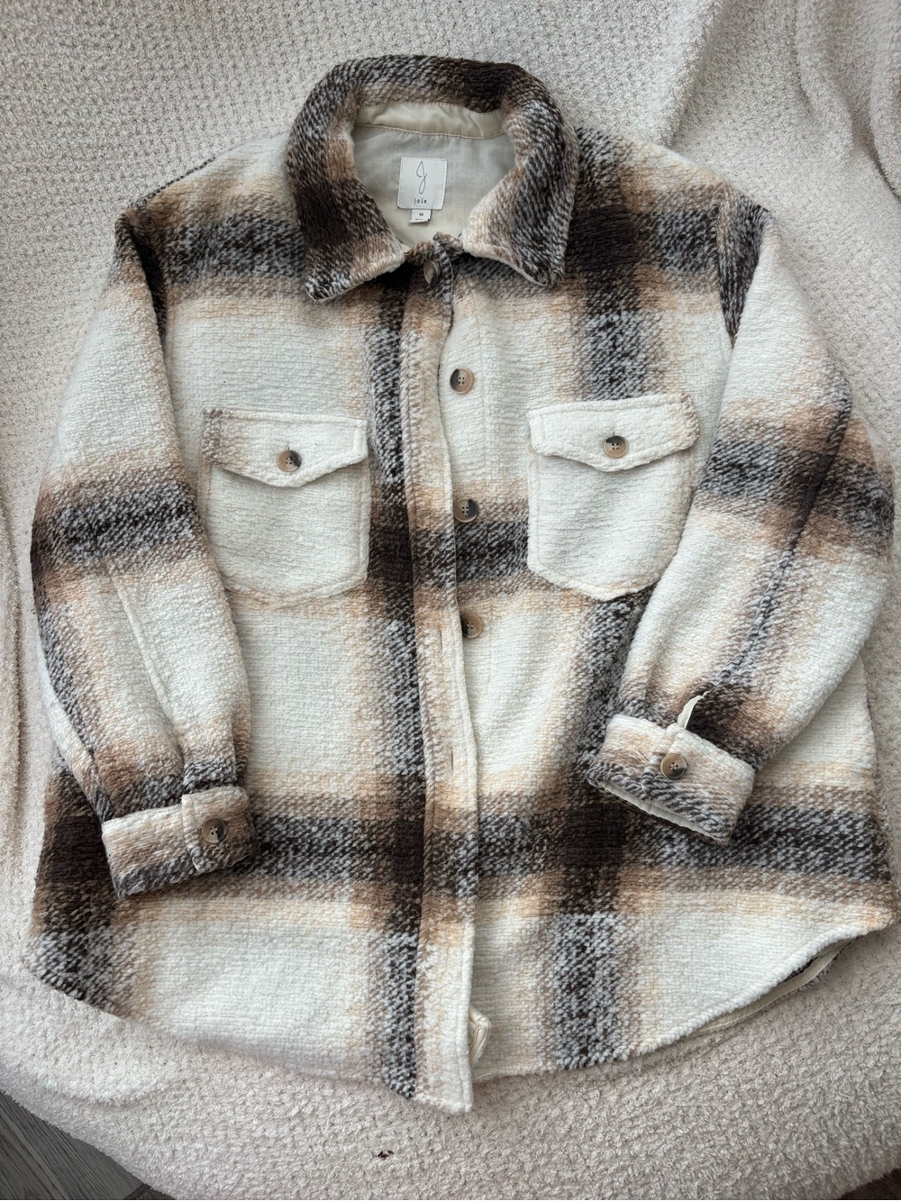 Joie Plaid Sherpa Shacket in Cream and Brown